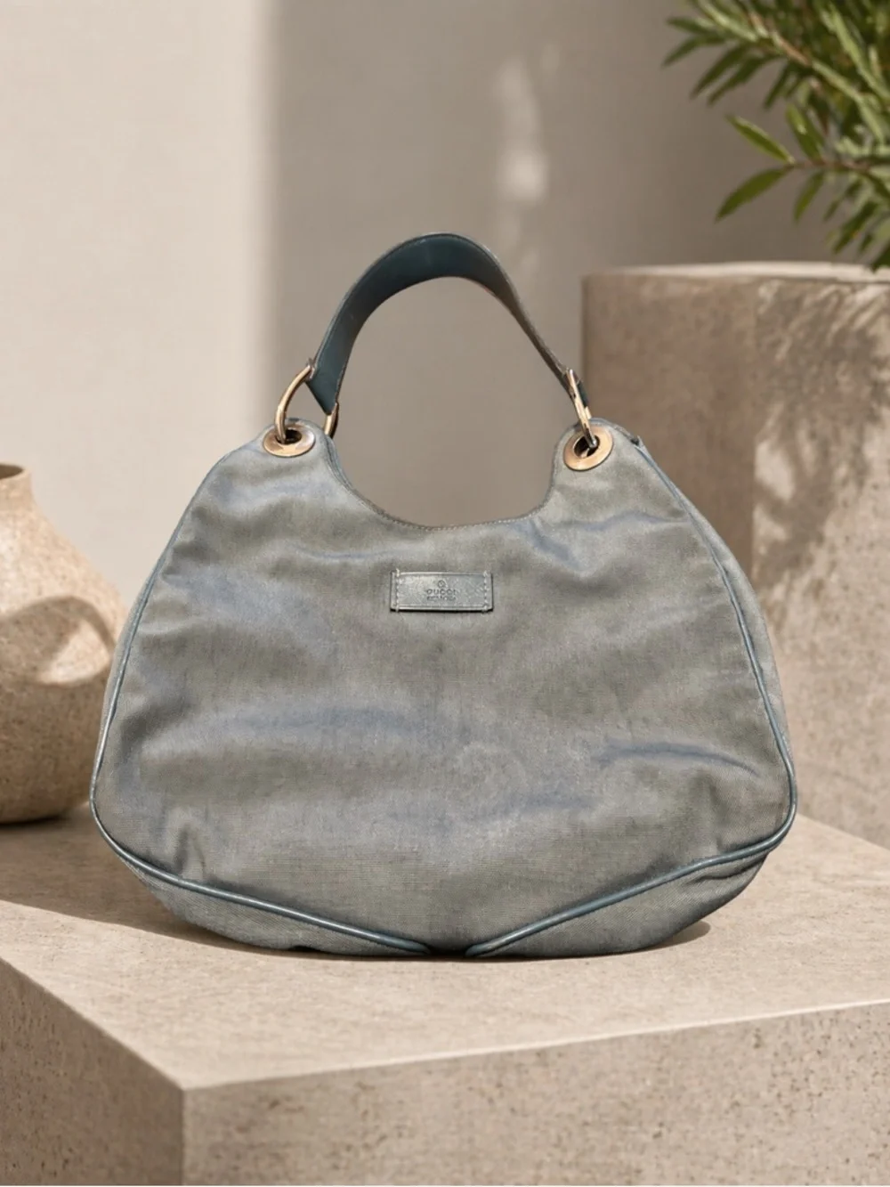 Gucci Light Blue Nylon Canvas Shoulder Bag with Silver Hardware 244342 204046
